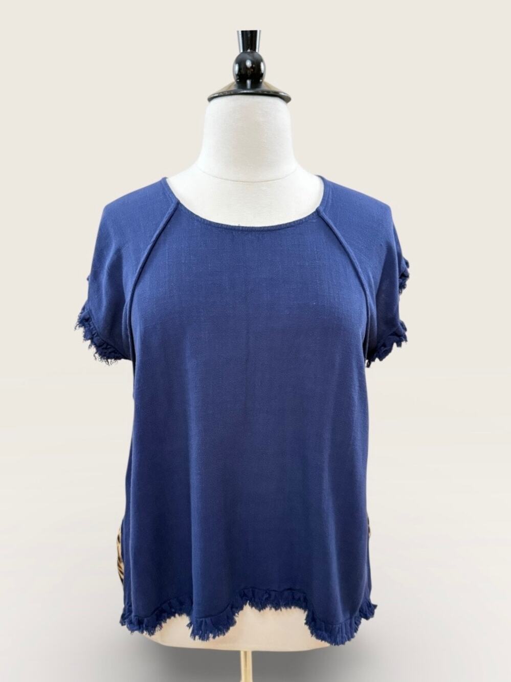 Umgee Boho Navy Fringe Top with Leopard Back, Size XL